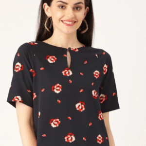 Her by Invictus Casual Key hole Neck Navy Blue+Red T-Shirt for Women