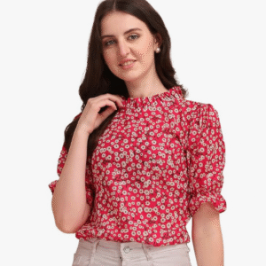 Wedani Casual Ruffle Neck Dark Pink T-Shirt for Women