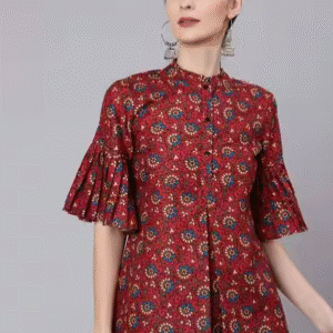 AKS Casual Ruffle Neck Maroon T-Shirt for Women