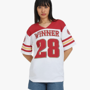 Juneberry Sports V Neck White+Red T-Shirt for Women