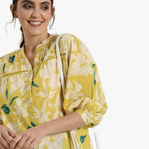 Rytras Casual Mandrin Collar Yellow T-Shirt for Women