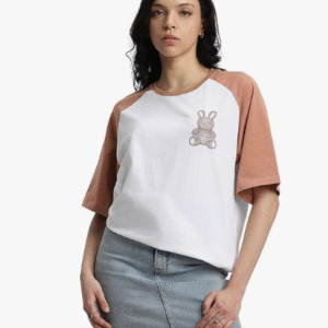 Juneberry Casual Round Neck White+Beige T-Shirt for Women