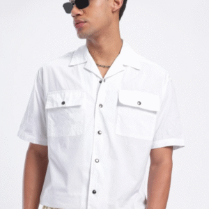 Glitchez Solid Cubain Collar Oversized Shirt For Men