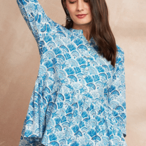 All About You Festive Mandarin Collar White & Blue Kurti for Women