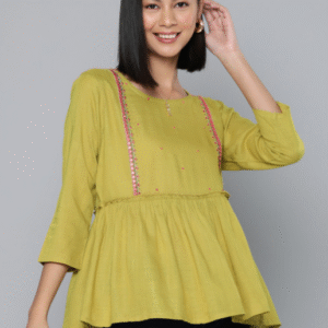 Here & Now Daily Round Neck Green Kurti for Women