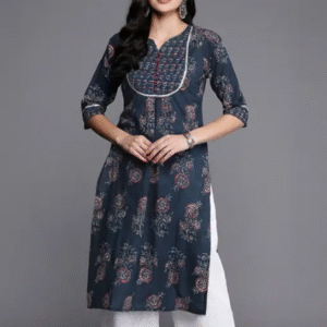 Libas Casual Round Neck Floral Blue Kurti for Women