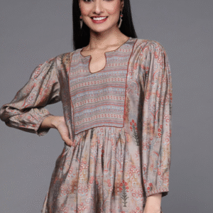 Libas Casual Round Neck Floral Grey Kurti for Women