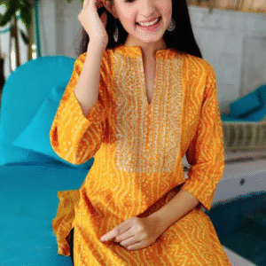 Pinkblock Festive Mandarin Collar Bandhani Yellow Kurti for Women