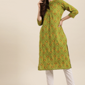 Sangria Casual Mandarin Collar Ethnic Motifs Green Kurti for Women
