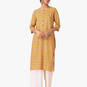 Indya Fusion Round Neck Floral Yellow Kurti for Women