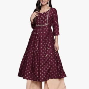 Ishin Festive Round Neck Foil Print Purple Kurti for Women