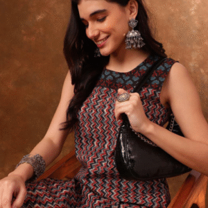 Anouk Daily Round Neck Tribal+Floral Black+Maroon Kurti for Women