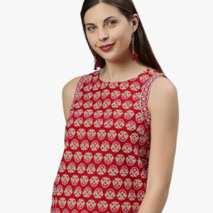 Janasya Daily Round Neck Floral Red Kurti for Women