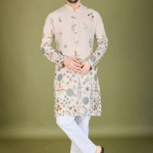 Shubhvastra Floral Embroidered Mandarin Collar Straight Kurta For Men
