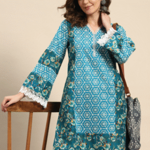 Sangria Floral Printed Embroidered & Lace Detail Kurta For Women