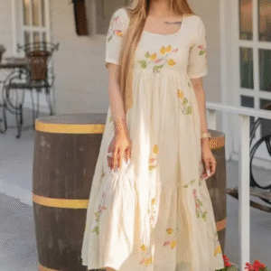 Aayu Fashion Casual Round Neck Floral Cream Dress for Women