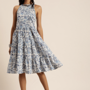 Taavi Casual Halter Neck Ethnic Motifs White & Blue Dress for Women