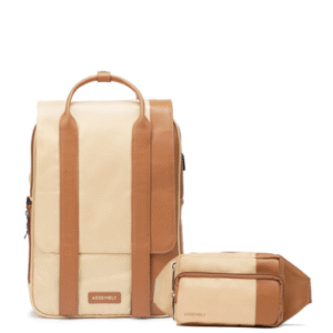 Assembly Casual Colour Blocked Beige+Brown 17L Water Resistant Unisex Backpack With USB Charging