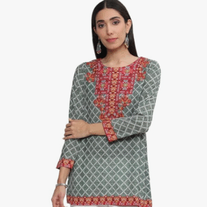 Biba Daily Round Neck Printed Green Kurti for Women
