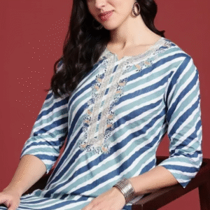 Deepyog Casual U-Neck Printed White & Blue Kurti for Women