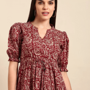 Presha Casual Mandarin Collar Floral Maroon Kurti for Women