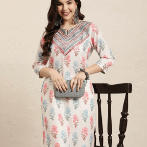 BKApparels Fusion Round Neck Floral White Kurti for Women