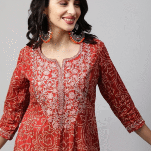 Physil Festive Round Neck Embroidered Orange Kurti for Women