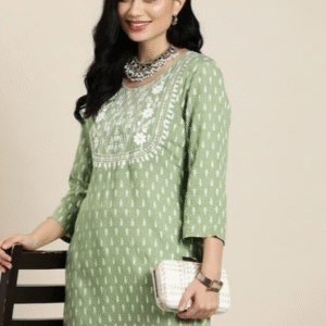 Deepyog Festive Round Neck Printed Green Kurti for Women