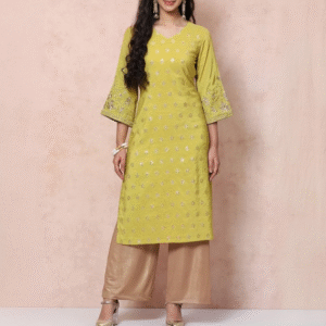 Rangriti Festive V-Neck Embroidered Green Kurti for Women