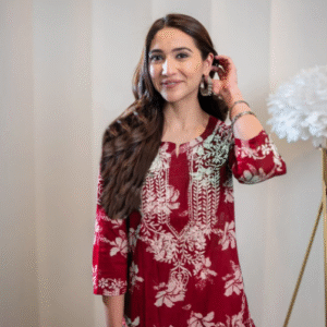 GoSriki Casual Round Neck Embroidered Red Kurti for Women