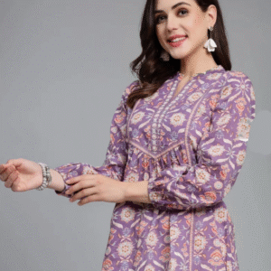 Bharatpuriya Casual Mandarin Collar Floral Purple Kurti for Women