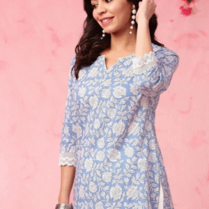 FlipFabric Casual Round Neck Floral White & Blue Kurti for Women