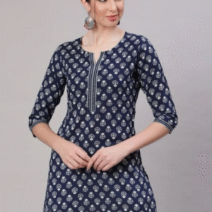 PHFashion Casual Round Neck Floral Blue Kurti for Women
