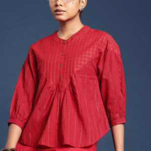 Taavi Casual Mandarin Collar Checked Red Kurti for Women