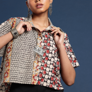 Taavi Ethnic Printed Pure Cotton Kalamkari Shirt Style Top For Women