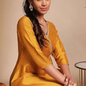 Janasya Festive V-Neck Solid Yellow Kurti Set for Women