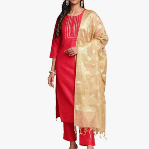Janasya Festive U-Neck Solid Pink Kurti Set for Women