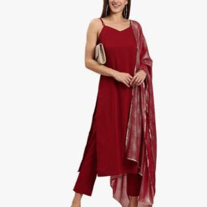Janasya Festive V-Neck Solid Maroon Kurta Set for Women