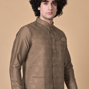 Maahi Fabs Festive Mandarin Collar Solid Brown Kurta Set for Men