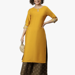 Janasya Festive Keyhole Neck Embroidered Yellow Kurti Set for Women