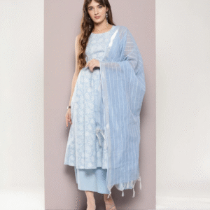 Jompers Festive U Neck Printed Blue Kurti Set for Women