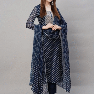 Suppar Sleave Festive Round Neck Printed Blue Kurti Set for Women