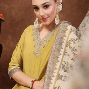 Stylum Festive V Neck Embroidered Green Kurti Set for Women