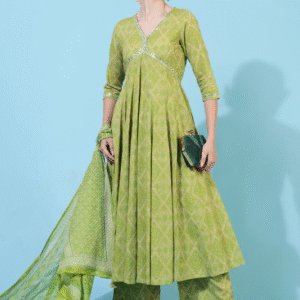 Gulmohar Jaipur Festive V Neck Embroidered Green Kurti Set for Women