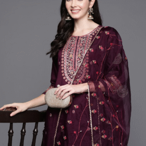 Indo Era Wedding Round Neck Embroidered Puple Kurti Set for Women