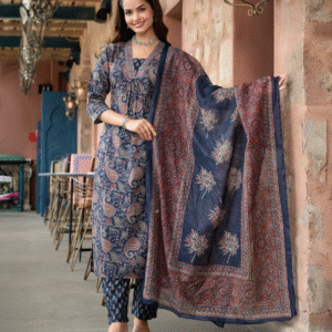 Klosia Casual V Neck Paisley Blue Kurti Set for Women