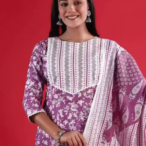 Lamba Creation Casual Round Neck Floral Purple Kurti Set for Women