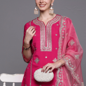 Indo Era Wedding Round Neck Pink Kurti Set for Women