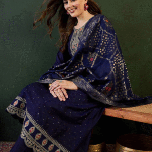Sangria Wedding Round Neck Embroidered Blue Kurti Set for Women