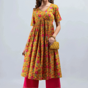 Viharini Festive V Neck Printed Yellow+Pink Kurti Set for Women